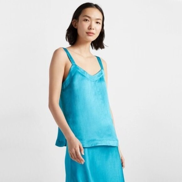 NWT Club Monaco high shine turquoise linen blend shirttail hem chemise tank top - Picture 1 of 3